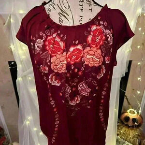 LC Lauren Conrad Burgundy and Floral Sleeveless Blouse. Large. Preowned